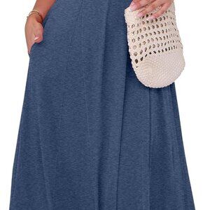 Women Summer Maxi Dress Cotton Flare A-Line Pockets Short Sleeve Casual